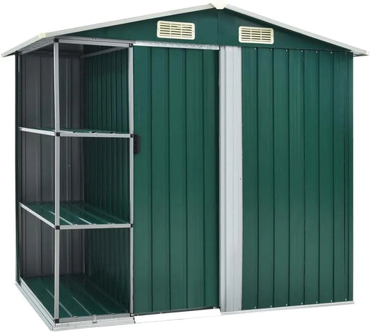 Gerätehaus, 205 x 130 x 183 cm, mit Schiebetür, mit Belüftung, mit Einlegeböden, grün, für Gartengeräte, Werkzeug und Außenlagerung