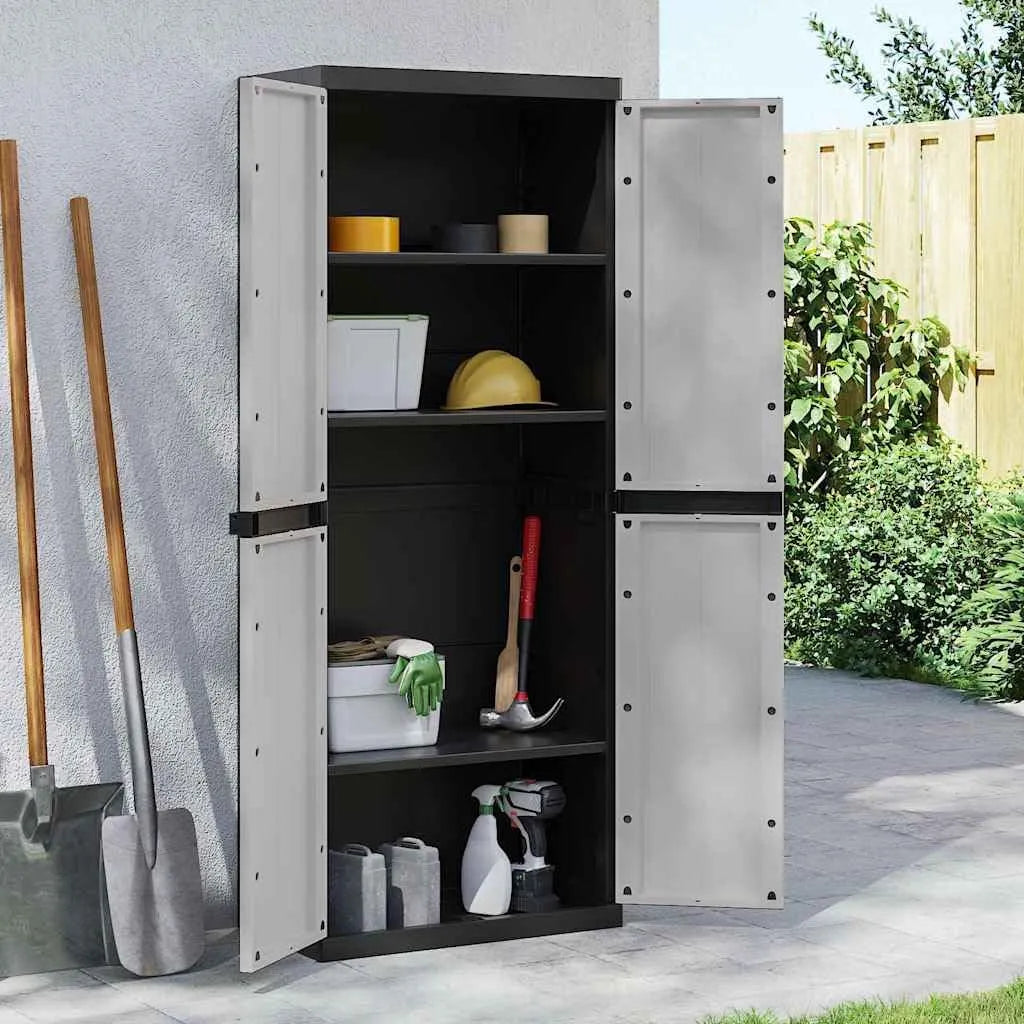 Gartenschrank – aus Kunststoff, 65 x 37 x 165 cm, abschließbar, wetterfest, schwarz, für Werkzeug und Gartenzubehör