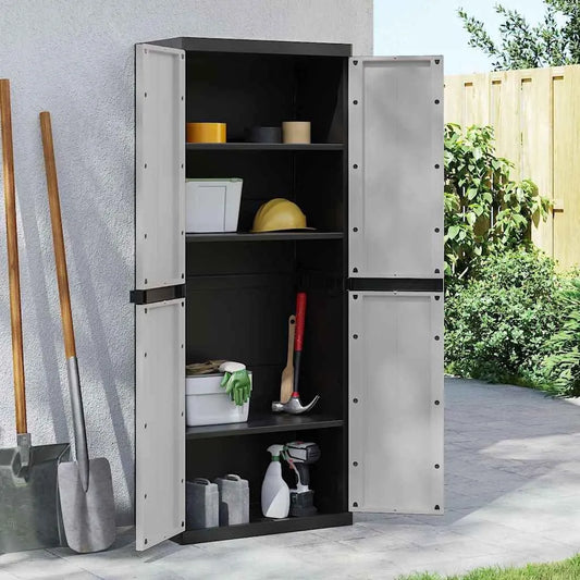 Gartenschrank – aus Kunststoff, 65 x 37 x 165 cm, abschließbar, wetterfest, schwarz, für Werkzeug und Gartenzubehör