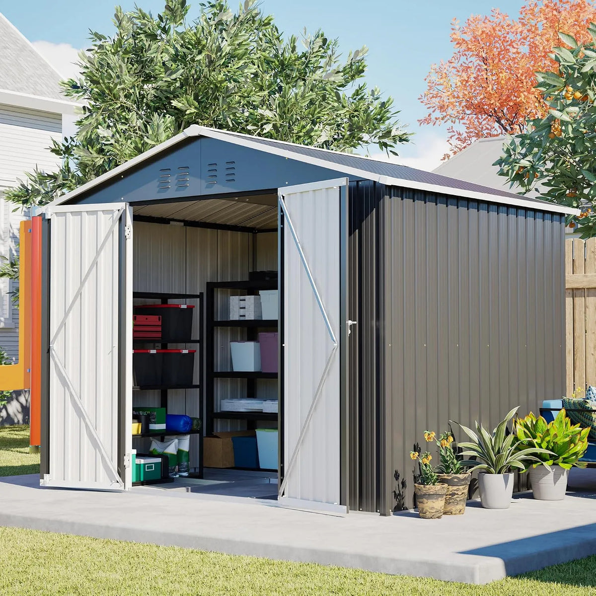 Gerätehaus – aus Metall, 240 x 192,3 x 191 cm, mit Schiebetür, mit Belüftung, für Gartengeräte, Werkzeug und Außenlagerung