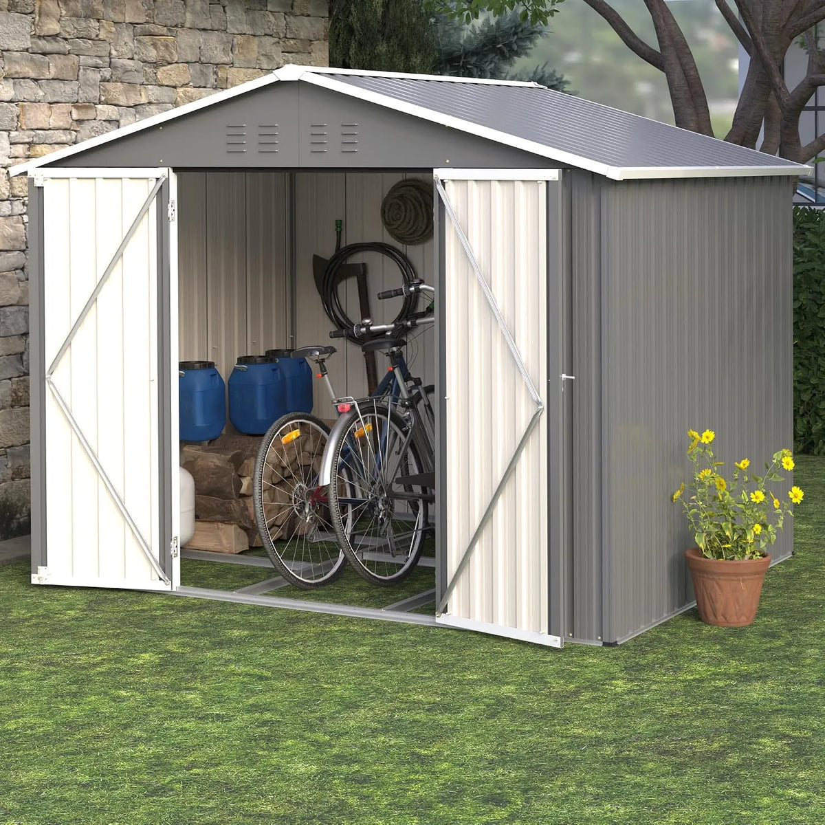 Gerätehaus – aus Metall, 8 x 4 FT, 8 x 6FT, wetterfest, grau, für Gartengeräte, Werkzeug und Außenlagerung