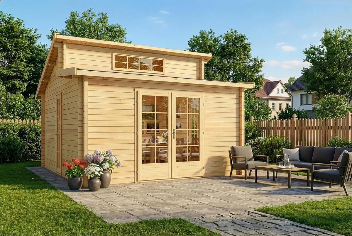 Gerätehaus – aus Holz, 440 x 440 cm, für Gartengeräte, Werkzeug und Außenlagerung, Alpholz
