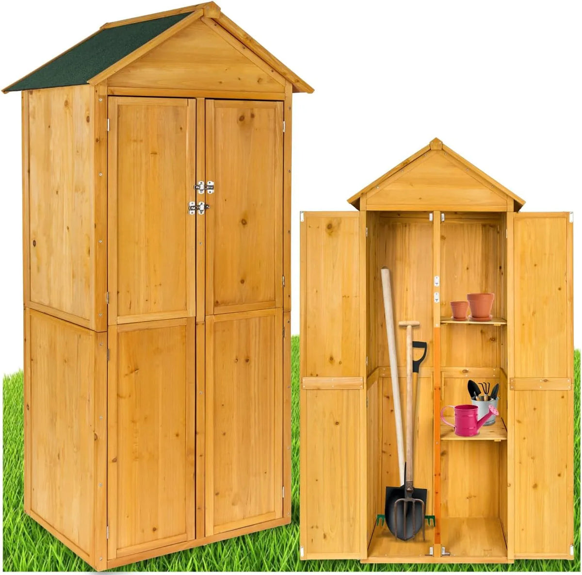 tectake Gartenschrank – aus Holz, 80,5 x 60 x 213,5 cm, mit Einlegeböden, wetterfest, für Werkzeug und Gartenzubehör