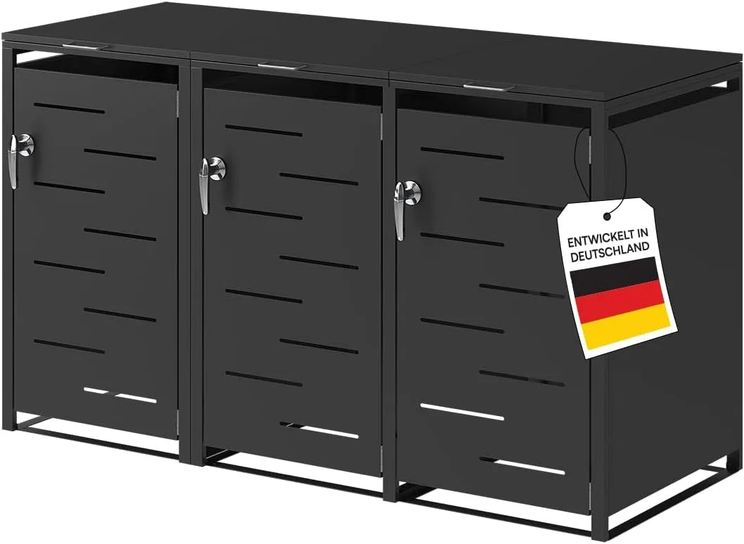 Mülltonnenbox Diorus, für 3 Mülltonnen, aus Stahl, 120 L, schwarz, als Sichtschutz und Unterstand für Abfalltonnen, STEELSØN