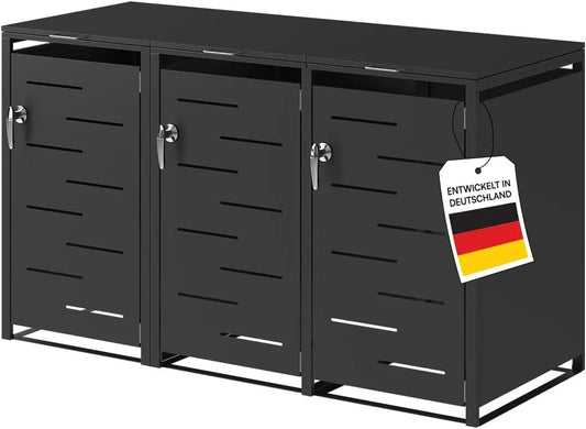 Mülltonnenbox Diorus, für 3 Mülltonnen, aus Stahl, 120 L, schwarz, als Sichtschutz und Unterstand für Abfalltonnen, STEELSØN
