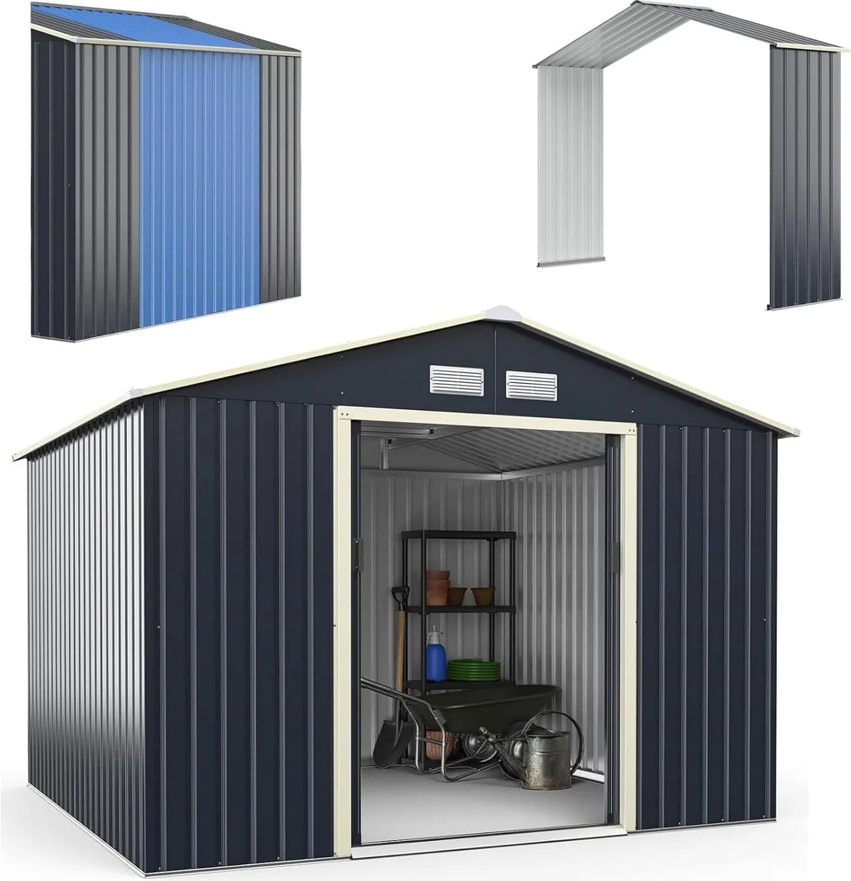 Gerätehaus RELAX4LIFE – aus Metall, 277 x 255 x 202 cm, mit Schiebetür, wetterfest, für Gartengeräte, Werkzeug und Außenlagerung