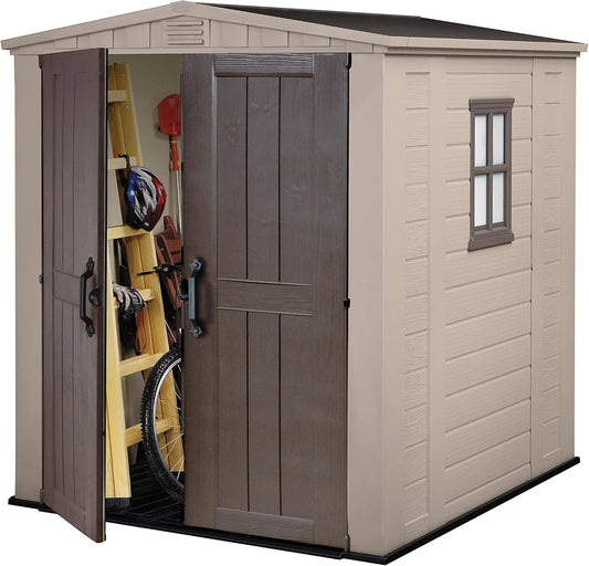 Keter Gerätehaus Factor, 178 x 195.5 x 208 cm, 6.2 m³, 6 x 6, wetterfest, UV-beständig, beige, für Gartengeräte, Werkzeug und Außenlagerung