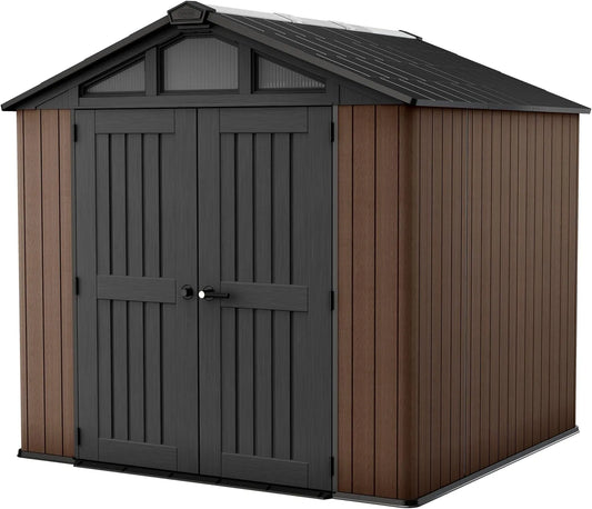 Keter Gerätehaus – aus Stahl, 252 x 241 x 252 cm, 8 x 8, mit Doppeltür, mit Fenster, mit Boden, braun, für Gartengeräte, Werkzeug und Außenlagerung