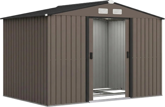 Outsunny Gerätehaus – aus verzinktem Stahl, 277 x 195 x 192 cm, 5,4 m², mit Schiebetür, abschließbar, mit Belüftung, braun