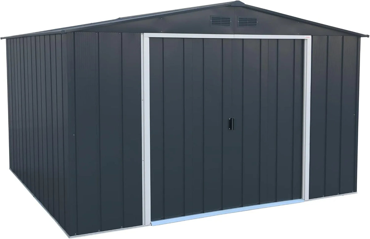 Duramax Gerätehaus – aus Metall, 9.16 m², 10 x 10, wetterfest, anthrazit, für Gartengeräte, Werkzeug und Außenlagerung