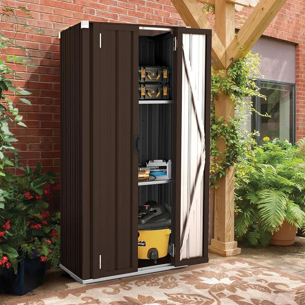 Gartenschrank – aus Metall, wetterfest, braun, für Werkzeug und Gartenzubehör, YODOLLA