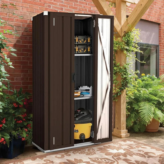 Gartenschrank – aus Metall, wetterfest, braun, für Werkzeug und Gartenzubehör, YODOLLA