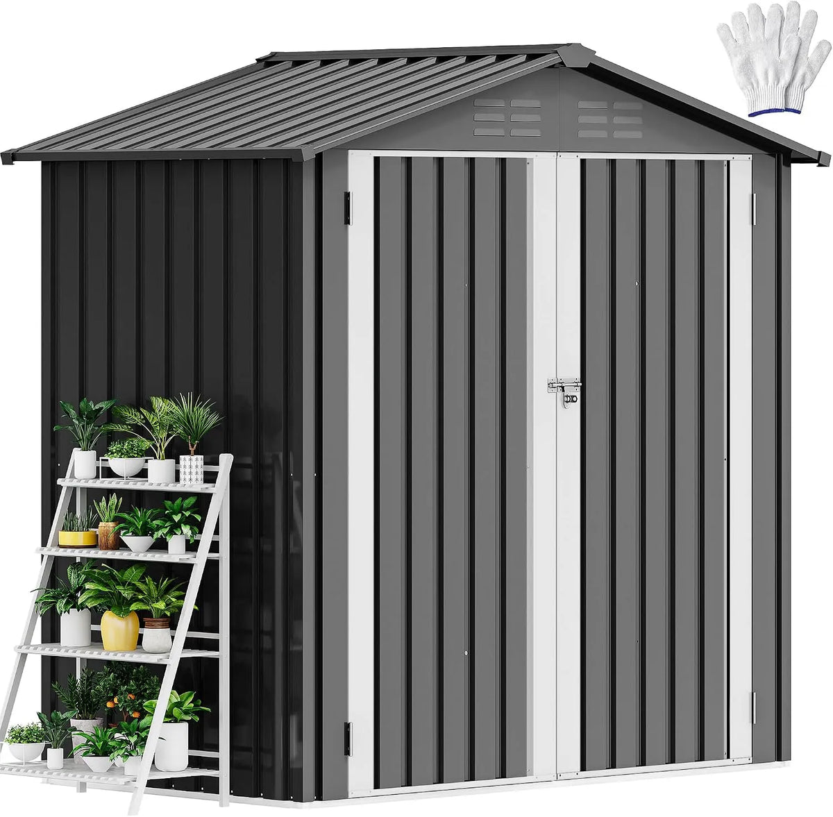 Gerätehaus Dunkelgrau, aus Metall, 6 x 4 Fuß, 183 x 122 cm, abschließbar, wetterfest, für Gartengeräte und Werkzeug, DWVO
