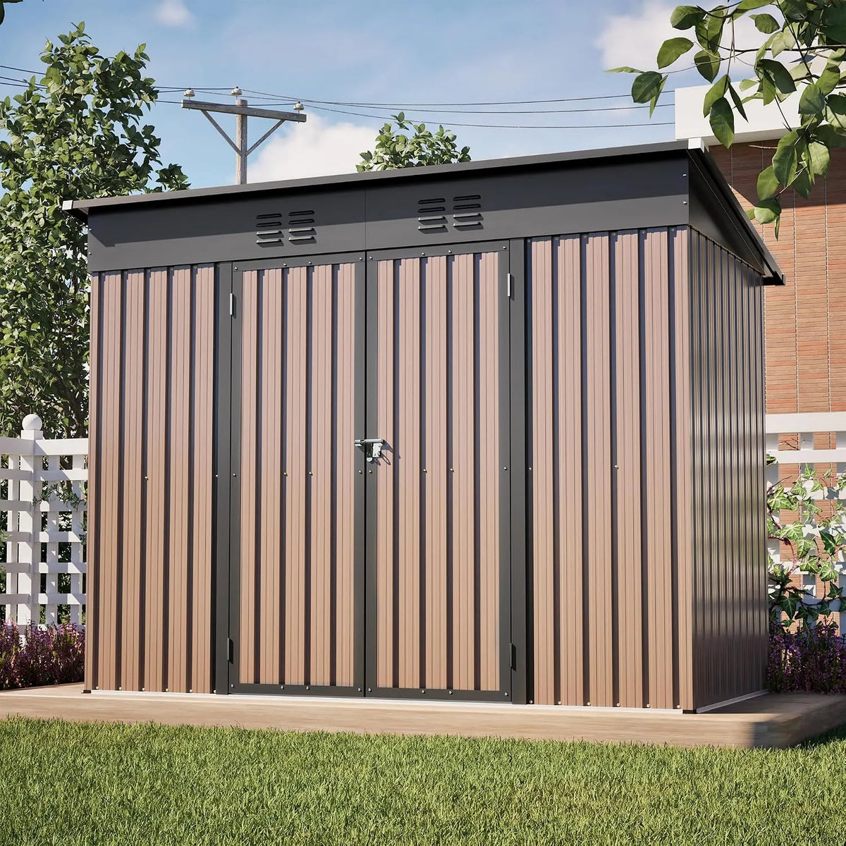 Gerätehaus – aus Metall, 8 x 4 Fuß, wetterfest, braun, für Gartengeräte, Werkzeug und Außenlagerung