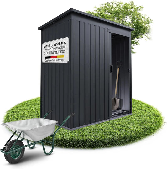 Gerätehaus Dunkelgrau – aus Metall, mit Schiebetür, wetterfest, für Gartengeräte, Werkzeug und Außenlagerung, Juskys