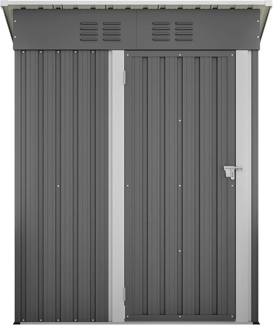 Gerätehaus – aus Metall, 152 x 84 x 182 cm, 1,27 m², mit Flachdach, abschließbar, mit Fenster, wetterfest, dunkelgrau, für Gartengeräte und Werkzeug