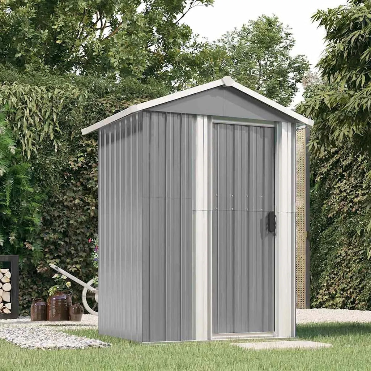 Gerätehaus, aus verzinktem Stahl, 126 x 97,5 x 177 cm, wetterfest, grau, für Gartengeräte und Werkzeug