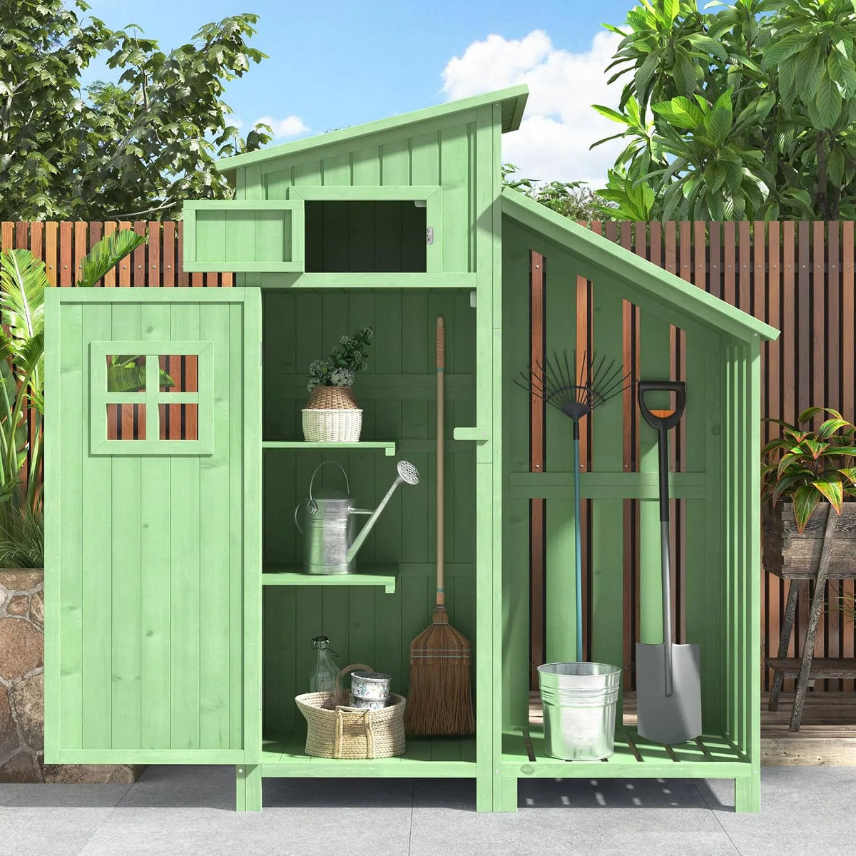 Gerätehaus Grün – aus Kunststoff, mit Pultdach, wetterfest, für Gartengeräte, Werkzeug und Außenlagerung