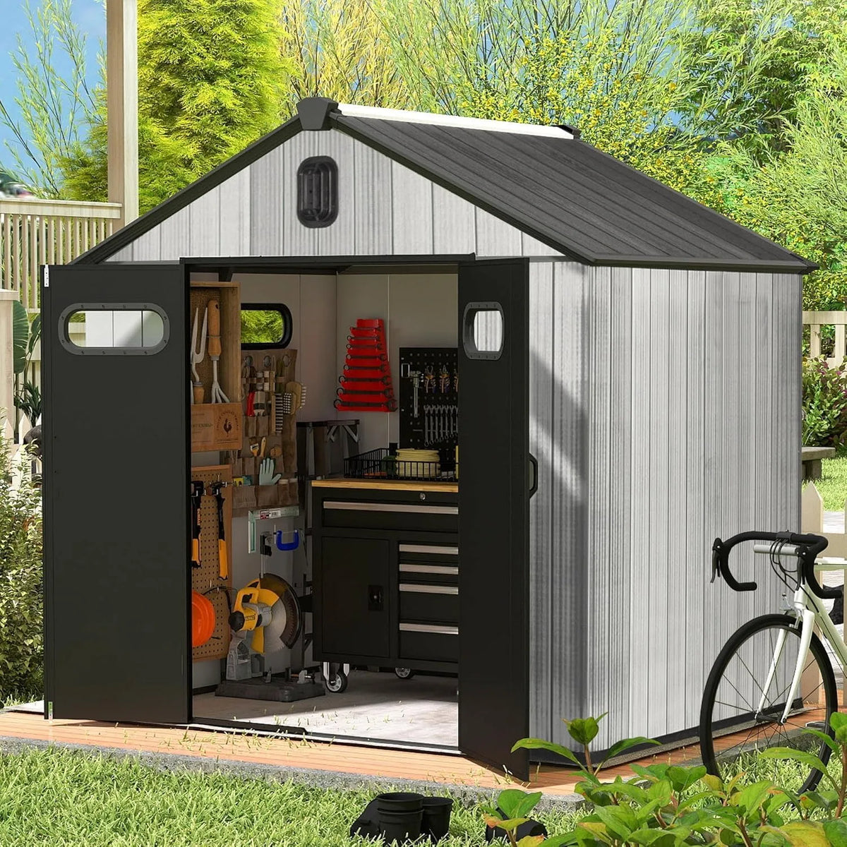 Gerätehaus – aus Kunststoff, 4 x 2, abschließbar, mit Belüftung, wetterfest, UV-beständig, grau, für Gartengeräte und Werkzeug