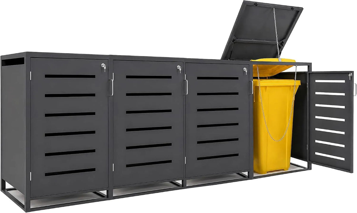 Mülltonnenbox, für 4 Mülltonnen, aus Holz, 240 Liter, abschließbar, als Sichtschutz und Unterstand für Abfalltonnen, Mega