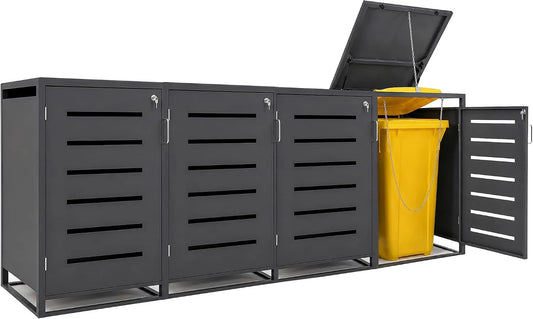 Mülltonnenbox, für 4 Mülltonnen, aus Holz, 240 Liter, abschließbar, als Sichtschutz und Unterstand für Abfalltonnen, Mega