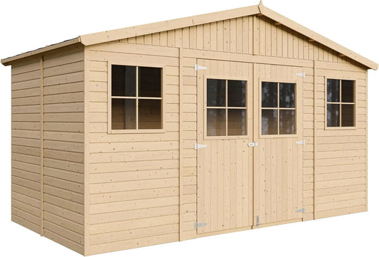 TIMBELA Gerätehaus M332 – aus Holz, 246 x 418 x 220 cm, 8 m², mit Fenster, für Fahrräder und Zubehör, zur Organisation von Werkzeug und Zubehör