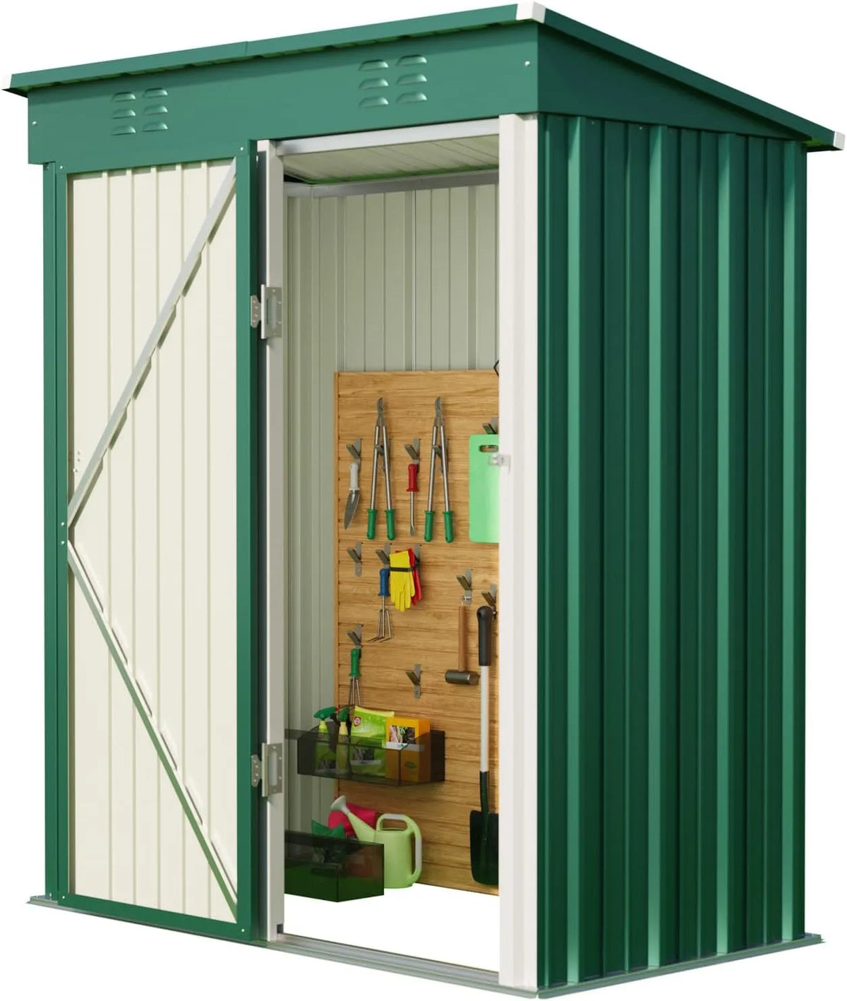 Gerätehaus – aus Metall, 161 x 94 x 182 cm, mit Pultdach, mit Belüftung, wetterfest, grün, für Gartengeräte, Werkzeug und Außenlagerung