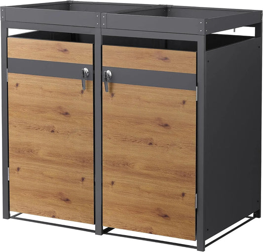 Mülltonnenbox, für 2 Mülltonnen, aus Stahl, 132 x 80 x 124 cm, 240 L, mit Pflanzdach, abschließbar, wetterfest, anthrazit