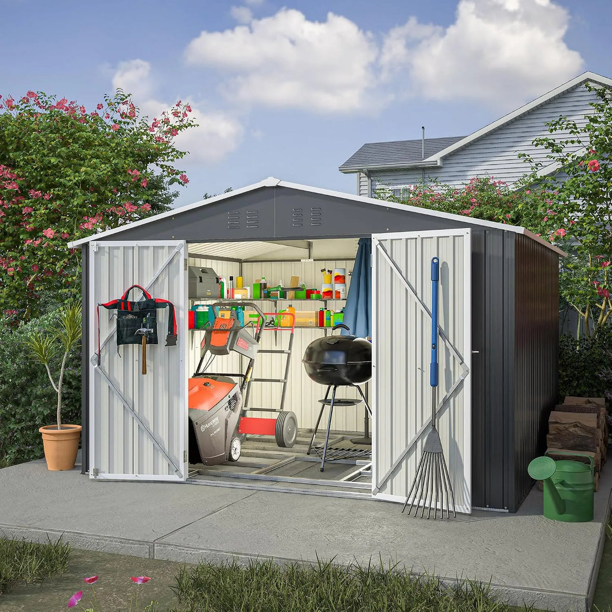 Gerätehaus – aus Metall, 300 x 250 x 191 cm, abschließbar, mit Belüftung, wetterfest, schwarz, für Gartengeräte, Werkzeug und Außenlagerung