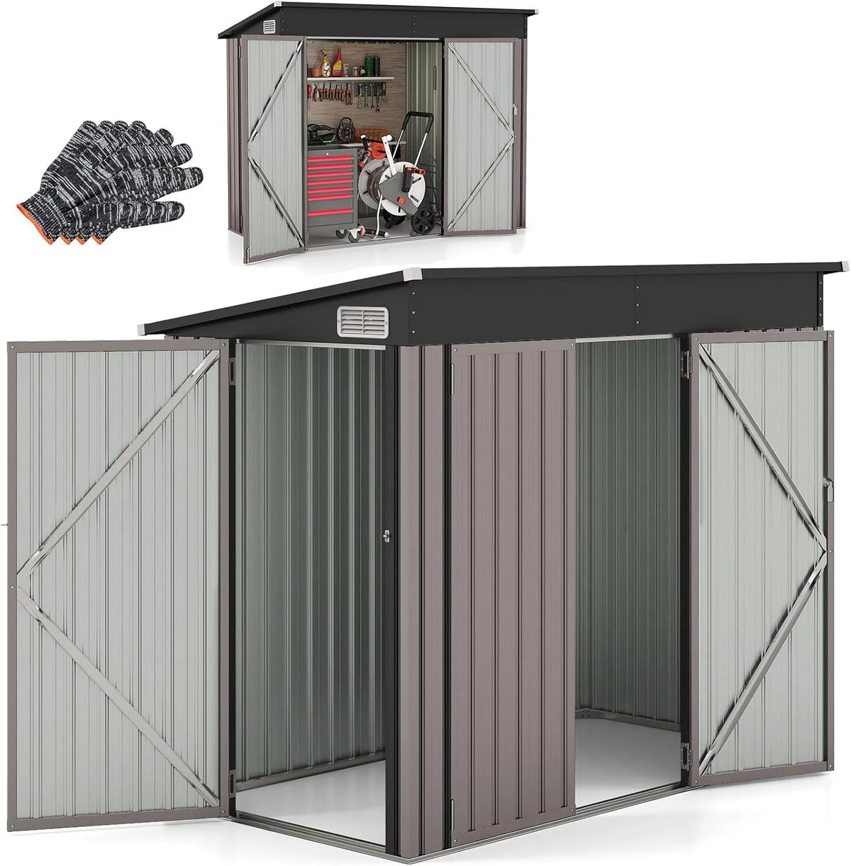 Gerätehaus RELAX4LIFE – aus Metall, 235 x 117 x 185 cm, abschließbar, mit Belüftung, mit Fenster, hellbraun, für Gartengeräte und Werkzeug