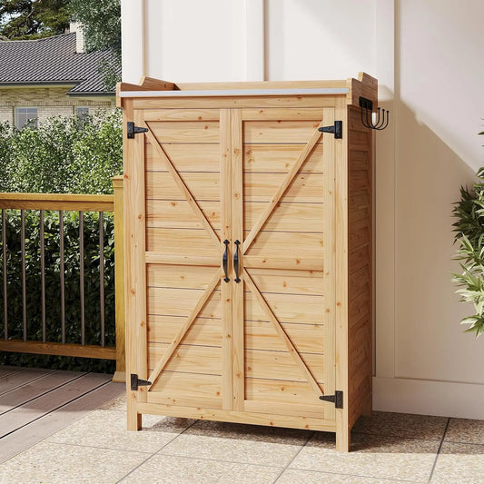 Gartenschrank Burlywood – aus Holz, 64 x 40 x 95 cm, mit Doppeltür, mit Einlegeböden, für Werkzeug und Gartenzubehör, Aoxun