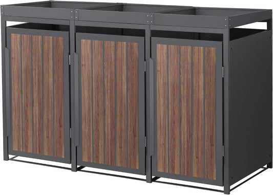 Mülltonnenbox – für 3 Mülltonnen, aus Stahl, 196 x 80 x 124 cm, 240 L, mit Pflanzdach, wetterfest, anthrazit