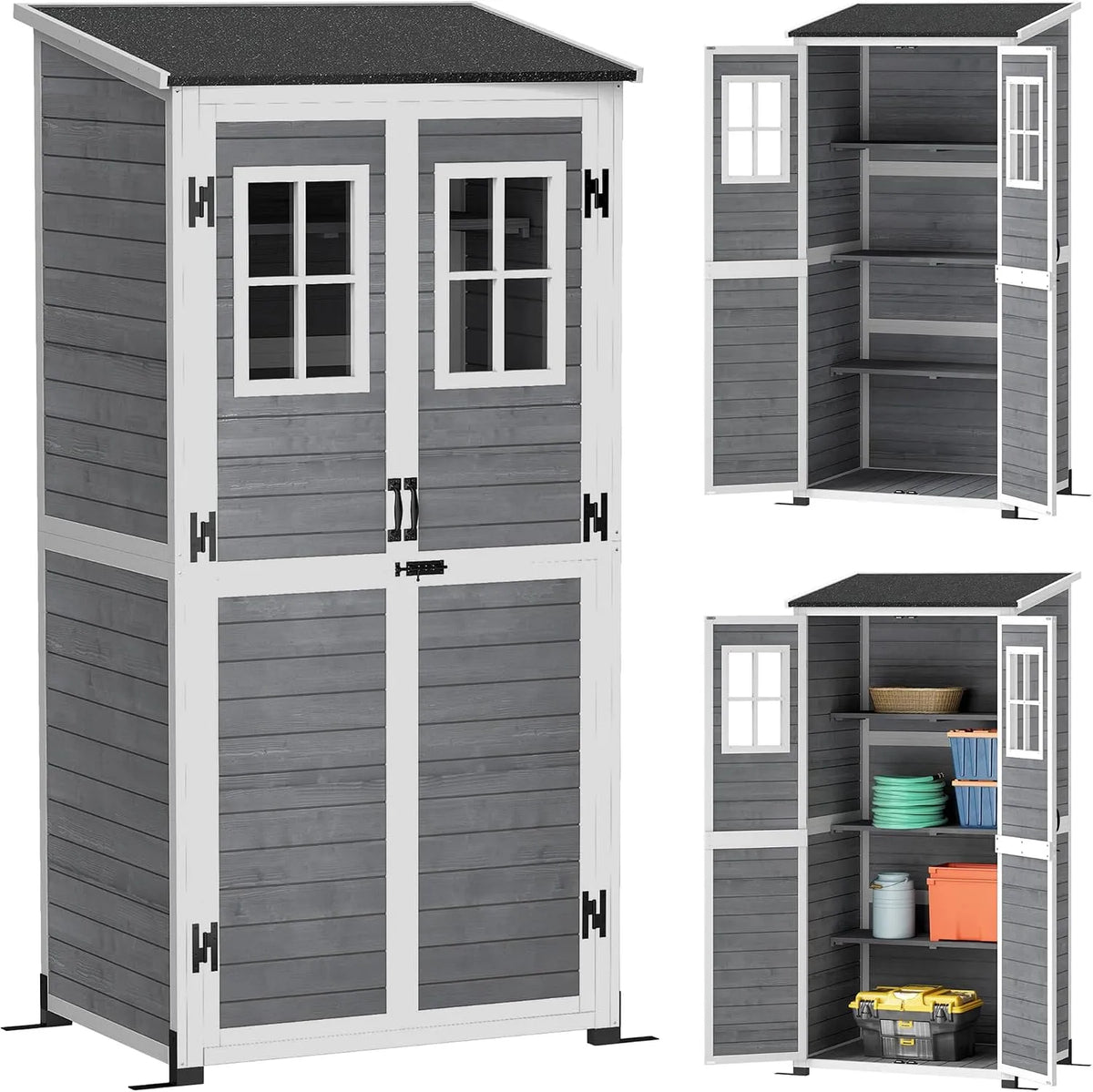 Outsunny Gartenschrank – aus Holz, 91 x 69 x 192 cm, abschließbar, hellgrau, für Werkzeug und Gartenzubehör