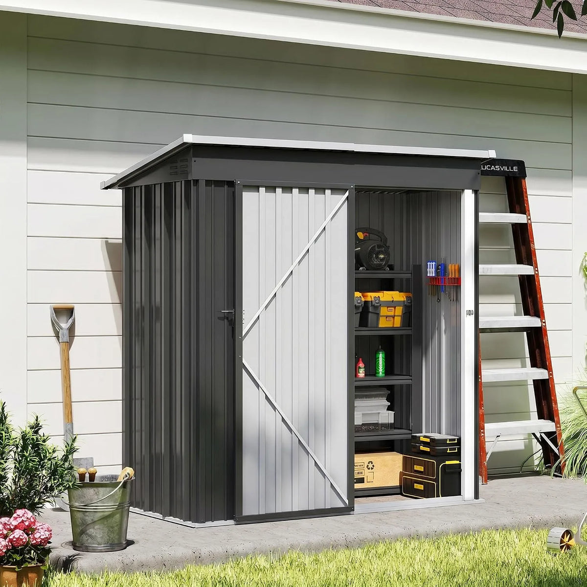 Gerätehaus – aus Metall, 162 x 86 x 182 cm, mit Pultdach, schwarz, für Gartengeräte, Werkzeug und Außenlagerung, Amopatio