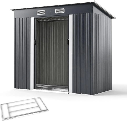 Gerätehaus – aus Metall, 213 x 112 x 185 cm, mit Satteldach, mit Schiebetür, grau, für Gartengeräte, Werkzeug und Außenlagerung