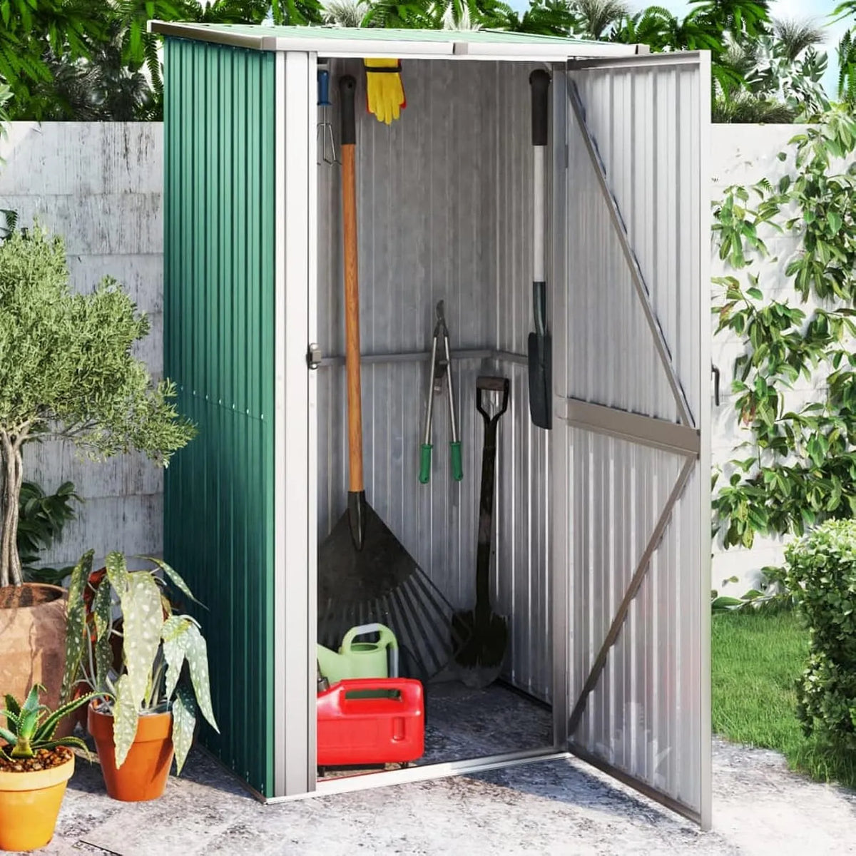 Gerätehaus – aus Metall, 118,5 x 97 x 209,5 cm, grün, für Gartengeräte, Werkzeug und Außenlagerung