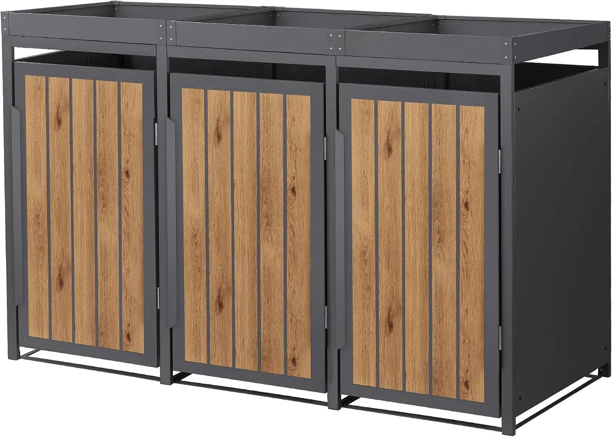 Mülltonnenbox – für 3 Mülltonnen, aus Stahl, 196 x 80 x 124 cm, 240 L, mit Pflanzdach, wetterfest, anthrazit, ML-Design