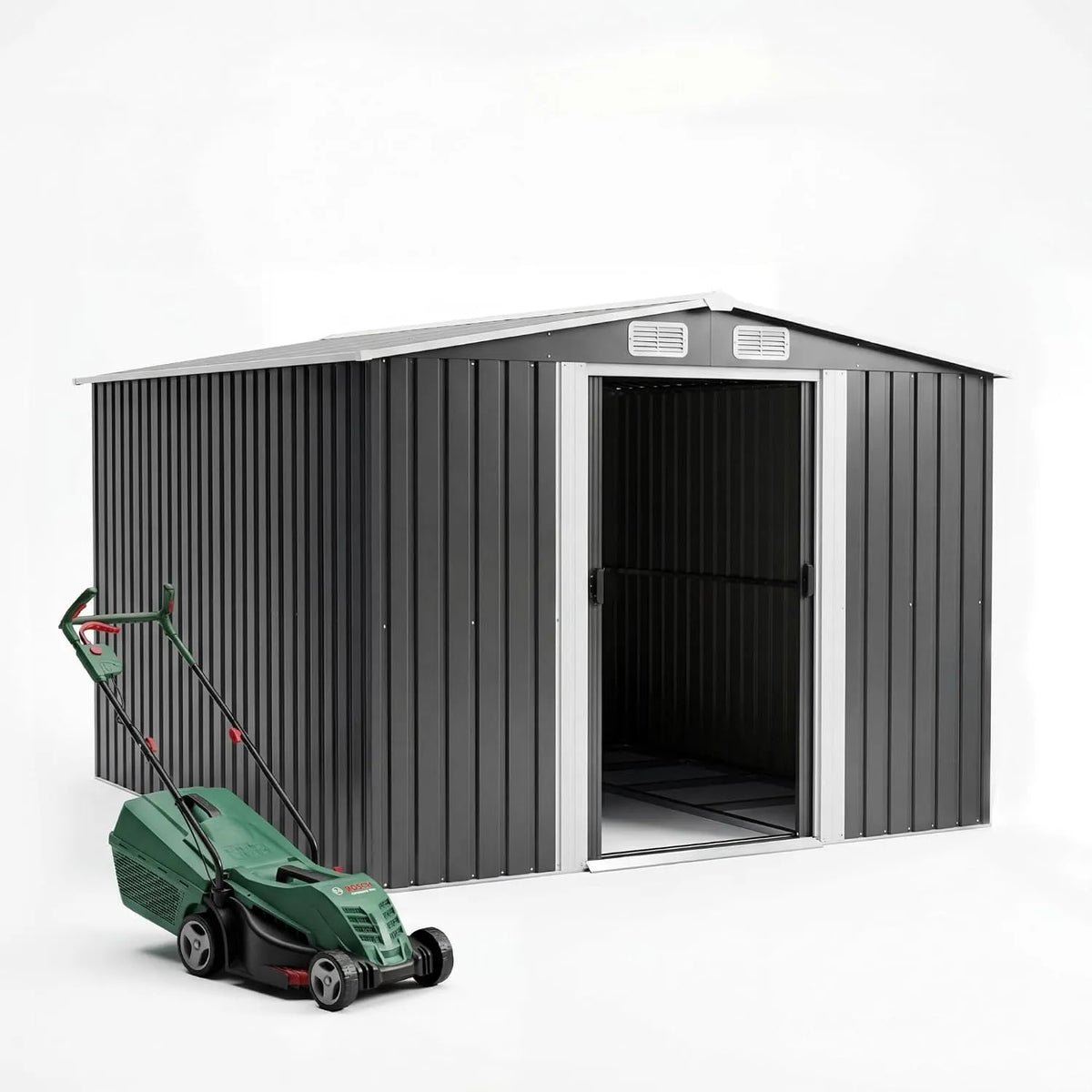 Gerätehaus – aus Metall, 247 x 301 x 178 cm, 13.2 m³, schwarz, für Rasenmäher und Gartengeräte