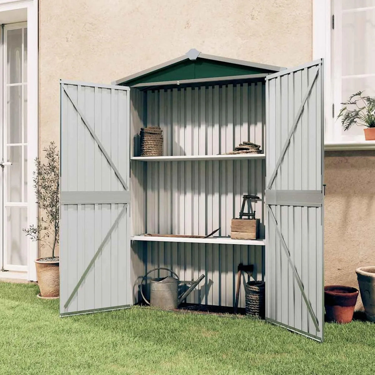 Gerätehaus – aus verzinktem Stahl, 116 x 45 x 175 cm, wetterfest, grün, für Gartengeräte und Werkzeug