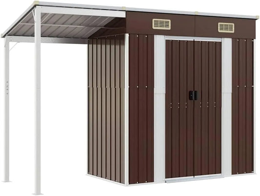 Gerätehaus – aus verzinktem Stahl, 277 x 107 x 181 cm, mit Pultdach, mit Belüftung, braun, für Gartengeräte und Werkzeug