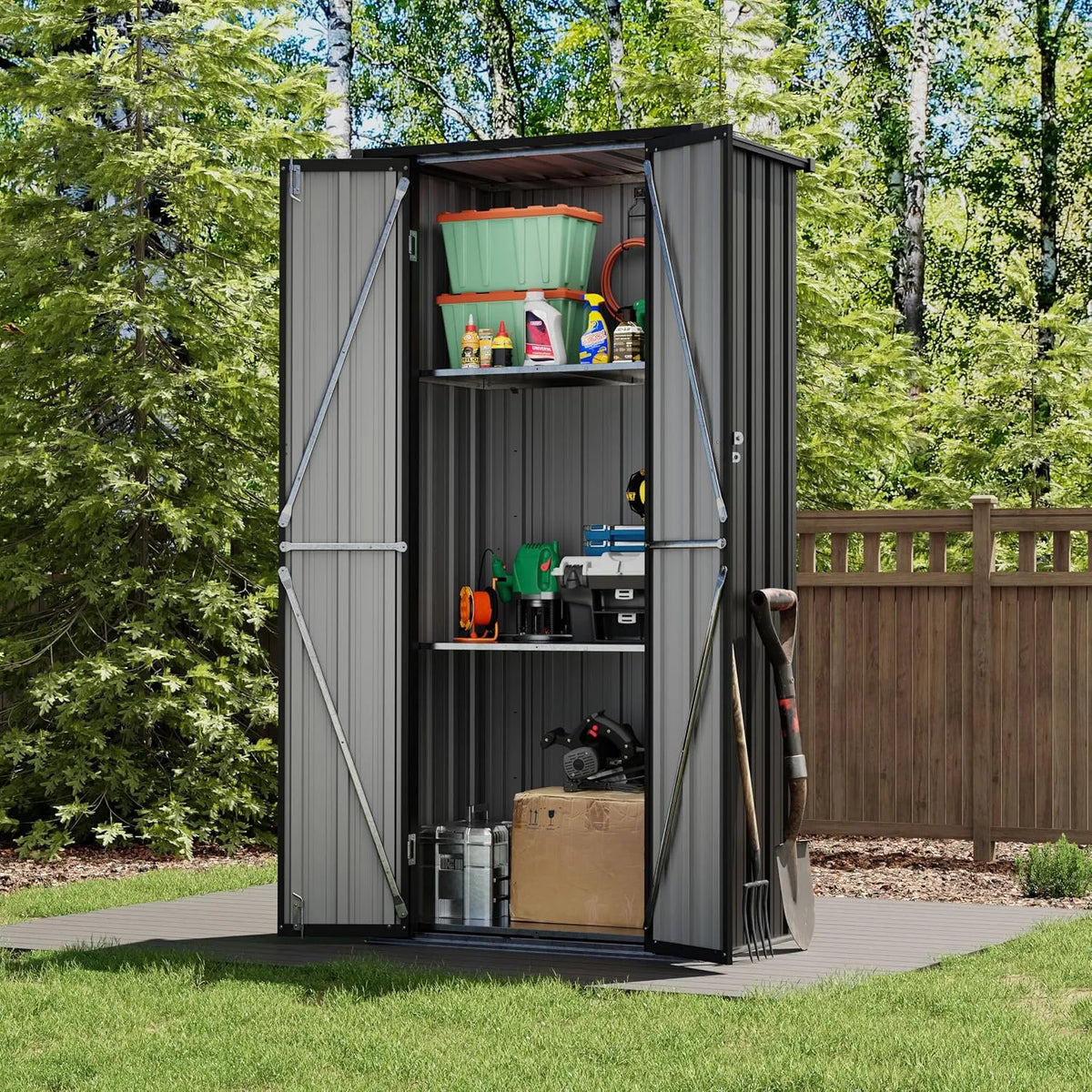 Gartenschrank, aus Metall, 78 x 52 x 171.5 cm, mit Einlegeböden, wetterfest, schwarz, für Werkzeug und Gartenzubehör