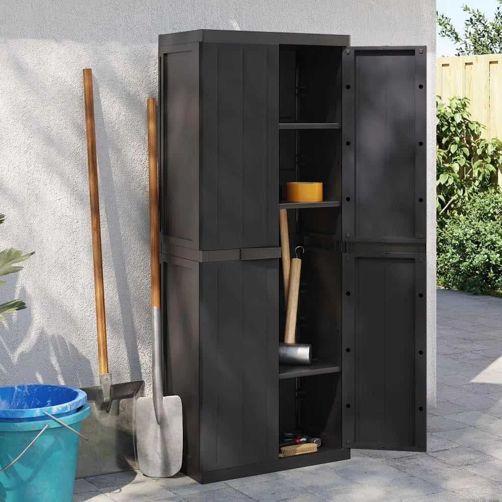 Gartenschrank, 65 x 37 x 165 cm, wetterfest, schwarz, für Werkzeug und Gartenzubehör