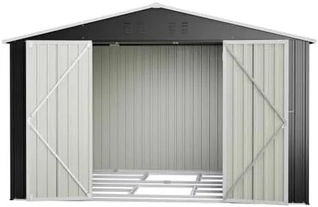 Gerätehaus, aus Metall, 240 x 192 x 191 cm, mit Schiebetür, mit Belüftung, mit Boden, schwarz, für Gartengeräte, Werkzeug und Außenlagerung