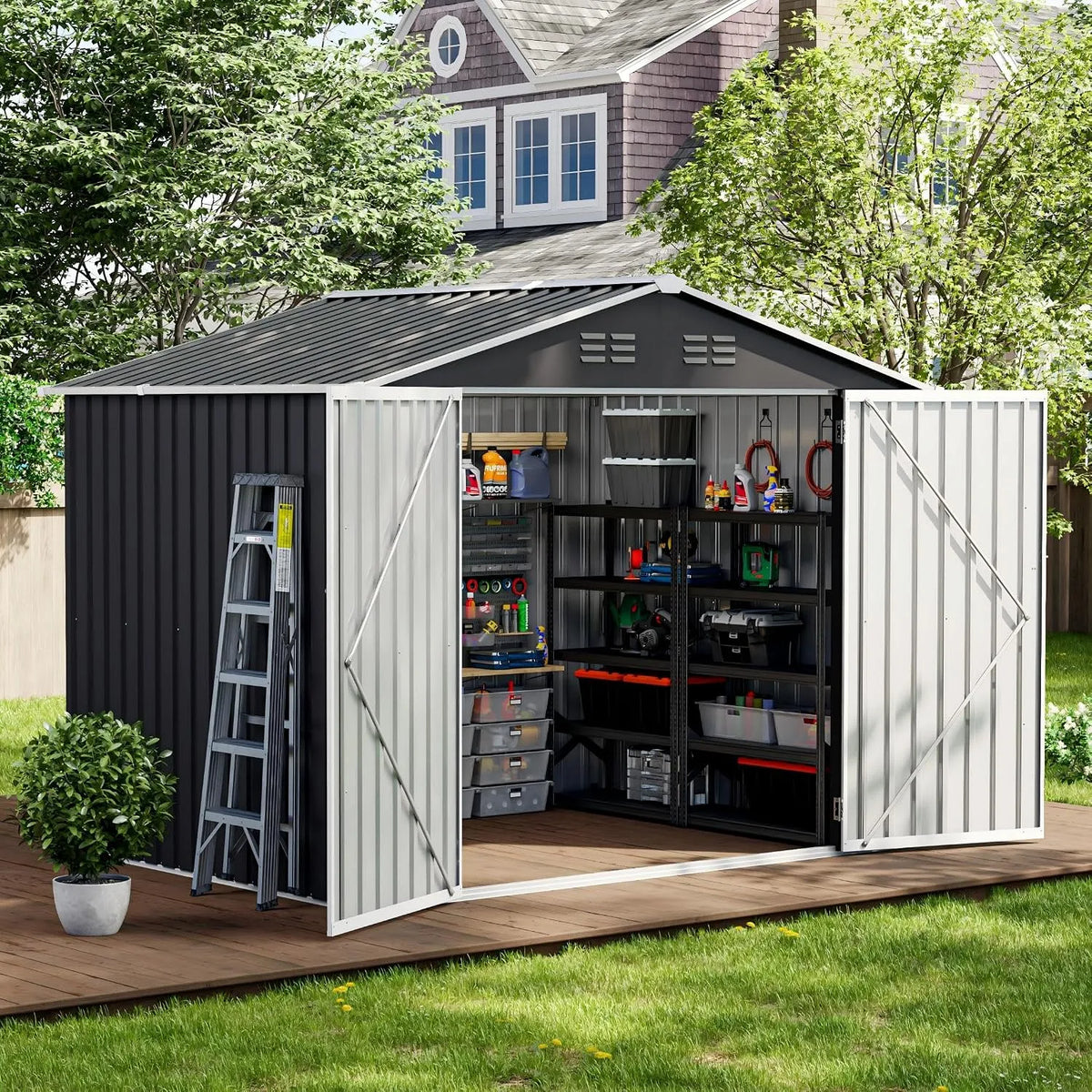 Gerätehaus Dunkelgrau – aus Metall, 250 x 184 x 193 cm, 7 m³, mit Pultdach, abschließbar, für Fahrräder und Zubehör